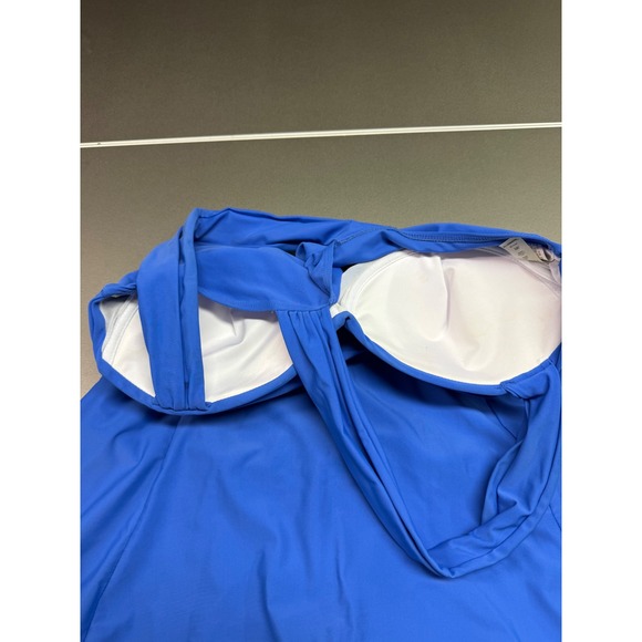 Royal Blue Surplice Swim Dress One Piece Swimsuit Flared Skirt Crisscross Back - Picture 6 of 10